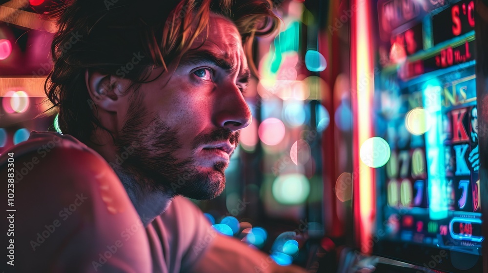 Pensive Caucasian man reflecting alone at a vivid casino slot machine. Concept of solitude, gambling excitement, leisure time, Gambling addiction Pensive Caucasian man reflecting alone at a vivid casino slot machine. Concept of solitude, gambling excitement, leisure time, Gambling addiction