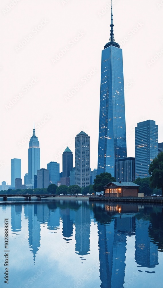 Obraz premium Watercolor painting of urban landscape on rainy blue-toned day with skyscraper reflections in wet waters