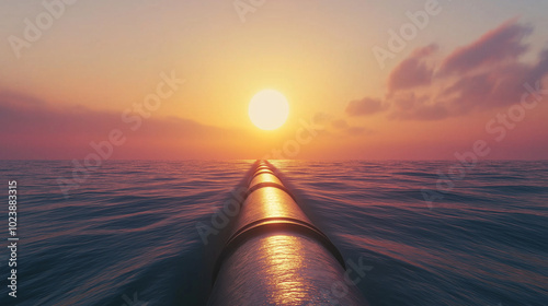 Oil pipeline extending into the sea at sunset horizon.

