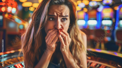 Worried young woman covering her mouth with her hands in a casino. Concept of anxiety, gambling, financial loss, decision making, uncertainty, risky decisions