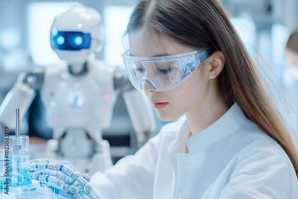 A Female Robotics Engineer, Working on a Humanoid Robot, Surrounded by High-tech Equipment A Female Robotics Engineer, Working on a Humanoid Robot, Surrounded by High-tech Equipment