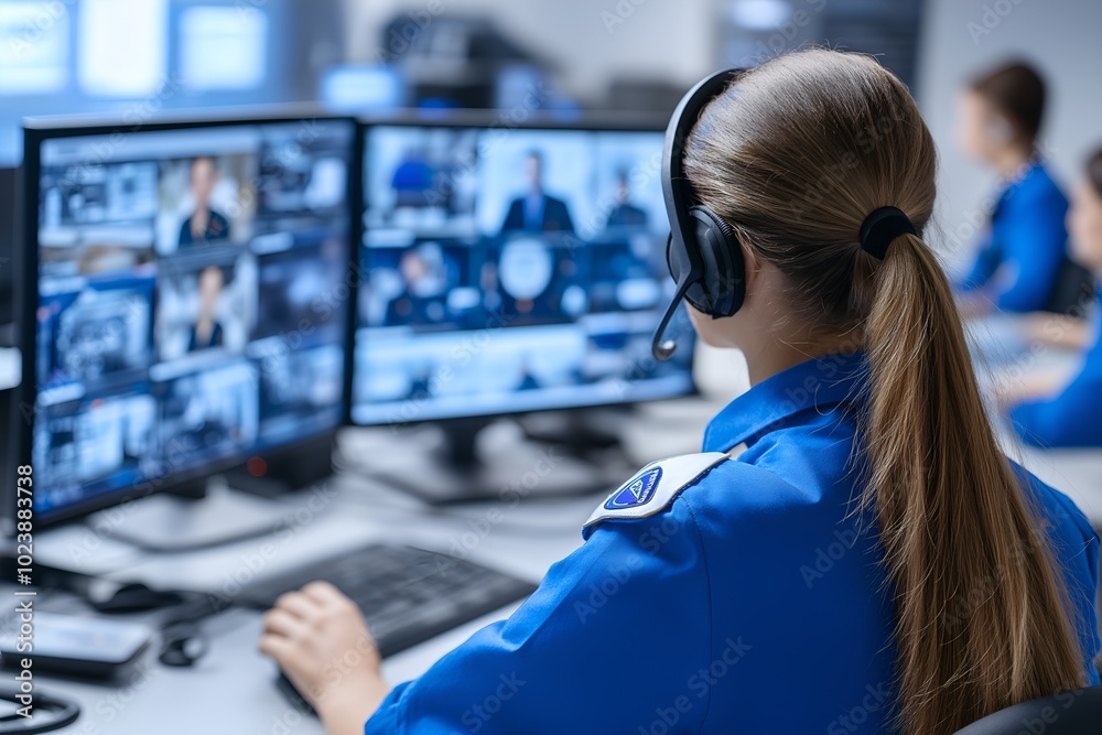 A Female Security Guard at a High-tech Corporate Building, Monitoring Security Systems on Multiple Screens A Female Security Guard at a High-tech Corporate Building, Monitoring Security Systems on Multiple Screens