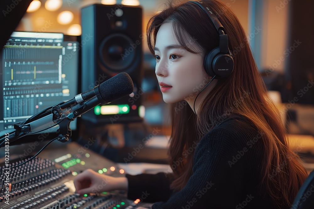 Korean Woman Working At Radio Station, Female DJ, Broadcasting Station, Audio Mixer, Sound Engineer, Radio Host Korean Woman Working At Radio Station, Female DJ, Broadcasting Station, Audio Mixer, Sound Engineer, Radio Host