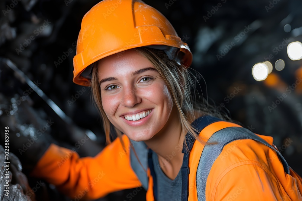 Smiling Woman Worker Underground Mining, Work Environment, Safety Gear, Tools, Industrial Equipment, Mining Industry, Coal Mining Smiling Woman Worker Underground Mining, Work Environment, Safety Gear, Tools, Industrial Equipment, Mining Industry, Coal Mining