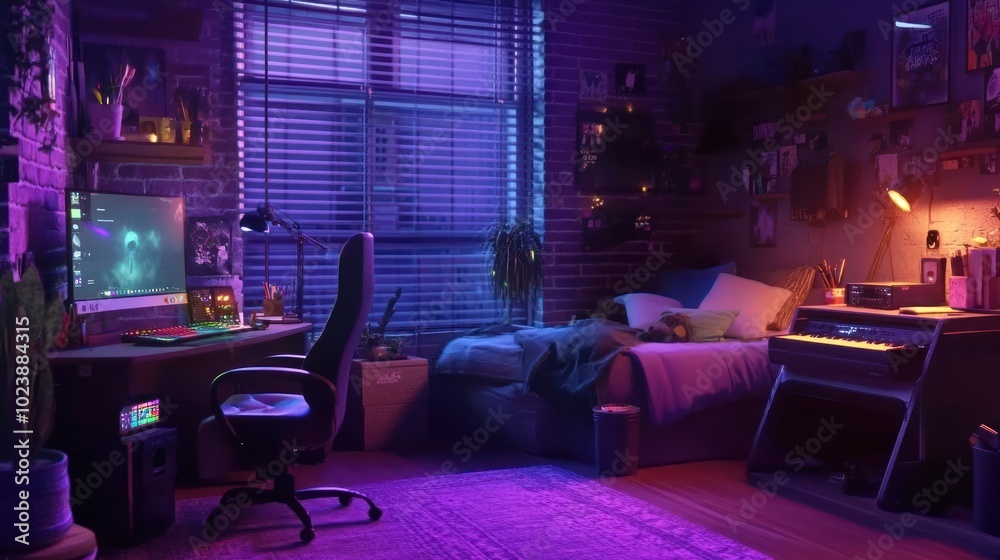 A modern bedroom with a desk, computer, bed, and plants, lit with purple and blue lights. A modern bedroom with a desk, computer, bed, and plants, lit with purple and blue lights.
