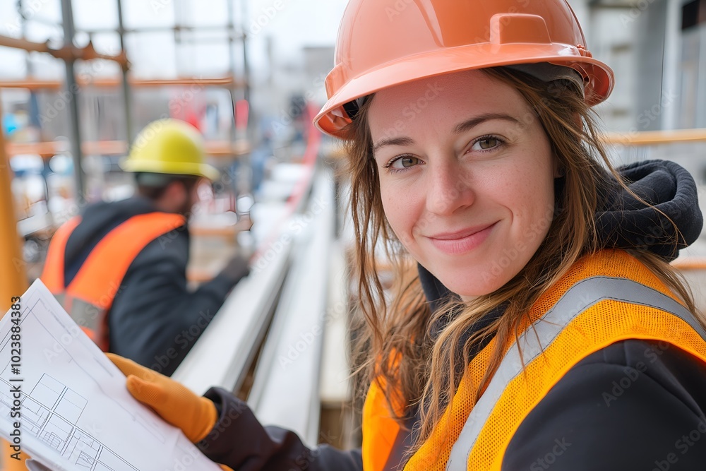 A Woman Leading a Construction Site as a Foreman, Reviewing Blueprints, Overseeing Workers on Scaffolding A Woman Leading a Construction Site as a Foreman, Reviewing Blueprints, Overseeing Workers on Scaffolding