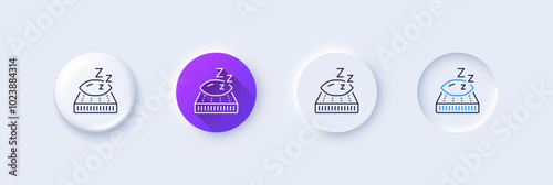 Mattress line icon. Neumorphic, Purple gradient, 3d pin buttons. Night sleep bed rest sign. Pillow with zzz symbol. Line icons. Neumorphic buttons with outline signs. Vector