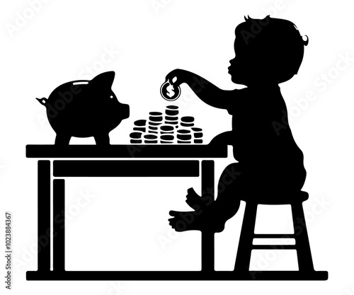 Black and white silhouette of a child placing coins in a piggy bank while seated at a table. Vector artwork isolated on white background. Design for finance, saving, and childhood-themed prints.