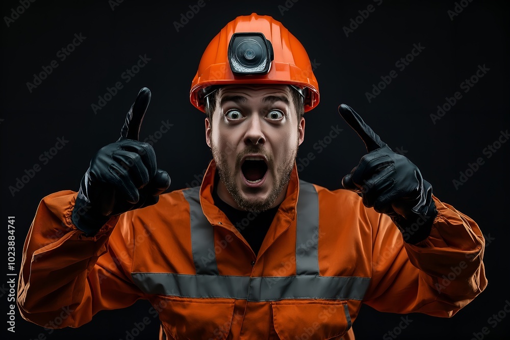 Young and Fit Man, Shocked Expression With the Special Promotion, Wearing Oil and Gas Coverall and Safety Helmet, Hands Pointing Towards Right, Black Gloves Young and Fit Man, Shocked Expression With the Special Promotion, Wearing Oil and Gas Coverall and Safety Helmet, Hands Pointing Towards Right, Black Gloves