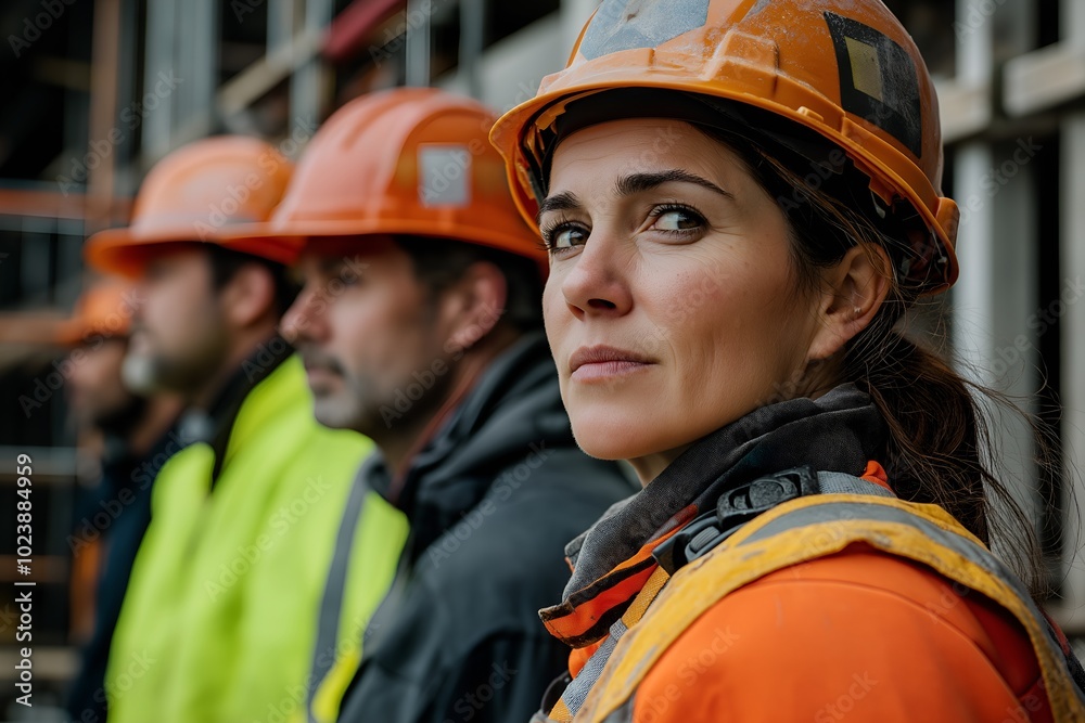 A Woman in a Construction Uniform Working Alongside Male Colleagues at a Construction Site A Woman in a Construction Uniform Working Alongside Male Colleagues at a Construction Site
