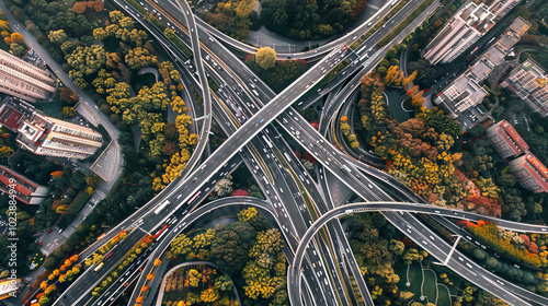 Aerial View of Autumn Cityscape and Highway Intersection Highlighting Urban Planning, Infrastructure, and Seasonal Change