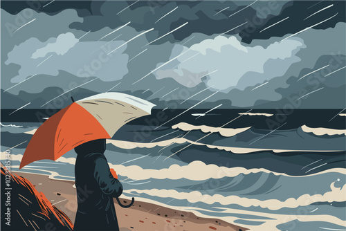 Stormy beach scene with a person holding an umbrella in the rain. Vector illustration for poster or greeting card.