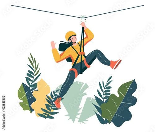 Cartoon illustration of a woman ziplining with a helmet and harness. Vector artwork with nature elements in the background. Design for adventure, outdoor activities, and prints.