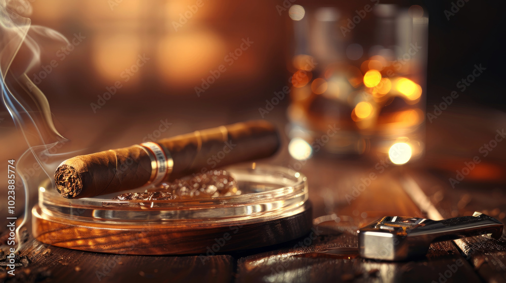 Close-Up of Premium Cigar Resting on Ashtray with Smoldering Tip. Concept of Luxury Smoking, Relaxation, Indulgence Close-Up of Premium Cigar Resting on Ashtray with Smoldering Tip. Concept of Luxury Smoking, Relaxation, Indulgence