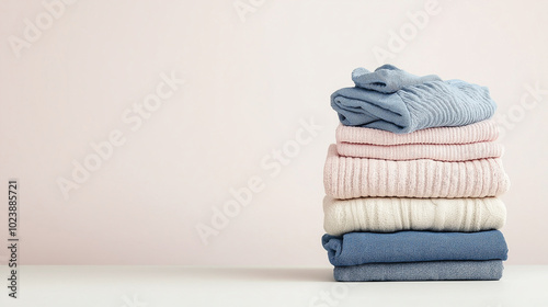 Stack of neatly folded clothes in pastel colors on light background