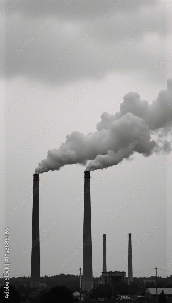 Smokestacks spewing pollutants against an ominous backdrop of industrializations effects on air quality Smokestacks spewing pollutants against an ominous backdrop of industrializations effects on air quality
