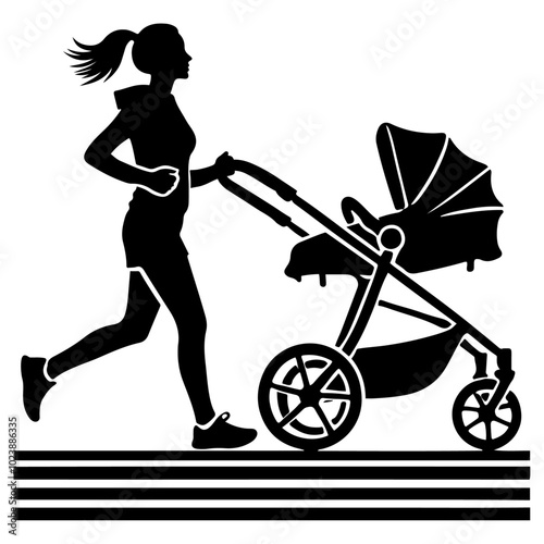 Woman running with a baby stroller. Vector artwork on isolated background.