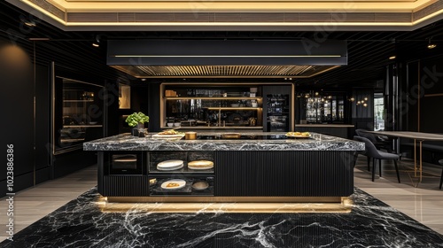 Luxurious Kitchen Design: A modern kitchen design in a sophisticated interior, featuring sleek black cabinets, a marble countertop, and high-end appliances.