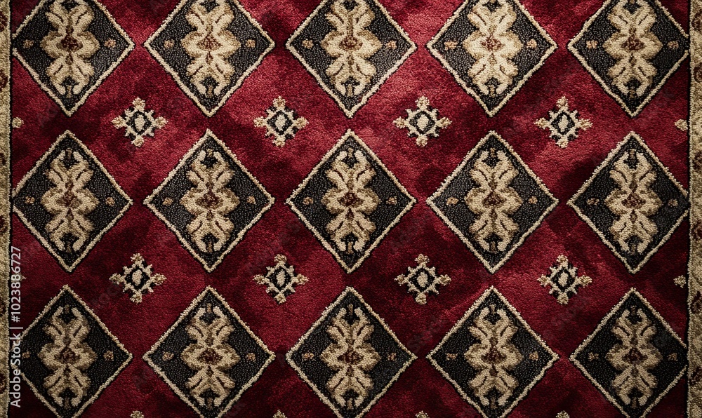 A red and tan carpet with a pattern of diamonds A red and tan carpet with a pattern of diamonds