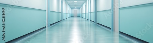 Clean hospital corridor with bright lighting and turquoise walls, white isolated background.