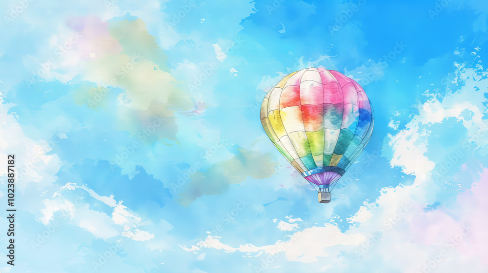 Obraz premium Watercolor Illustration of a Vibrant Hot Air Balloon Soaring Through a Colorful Sky, Concept of Adventure, Freedom, and Creativity. Copy space