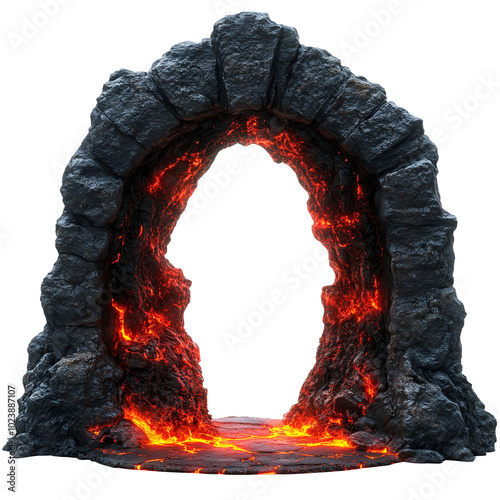 Portal to hell. Gate to hell. Entrance to hell. Portal with fire. Stone portal with lava. Stone portal to hell. Lava and fire. Path to death. Passage to the kingdom of the dead. Infernal Portal.
