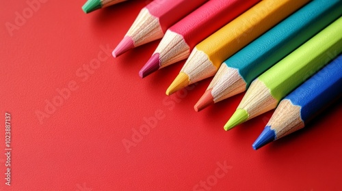 Red desk adorned with crayons and toys photo