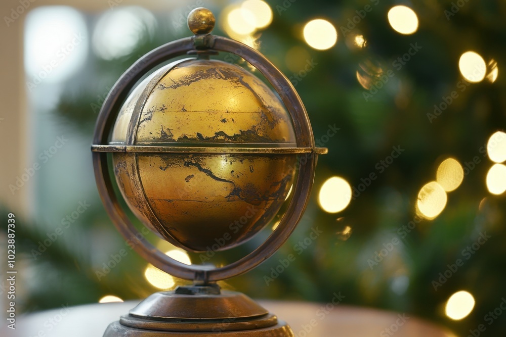 Golden globe on a lit wooden table Golden globe on a lit wooden table