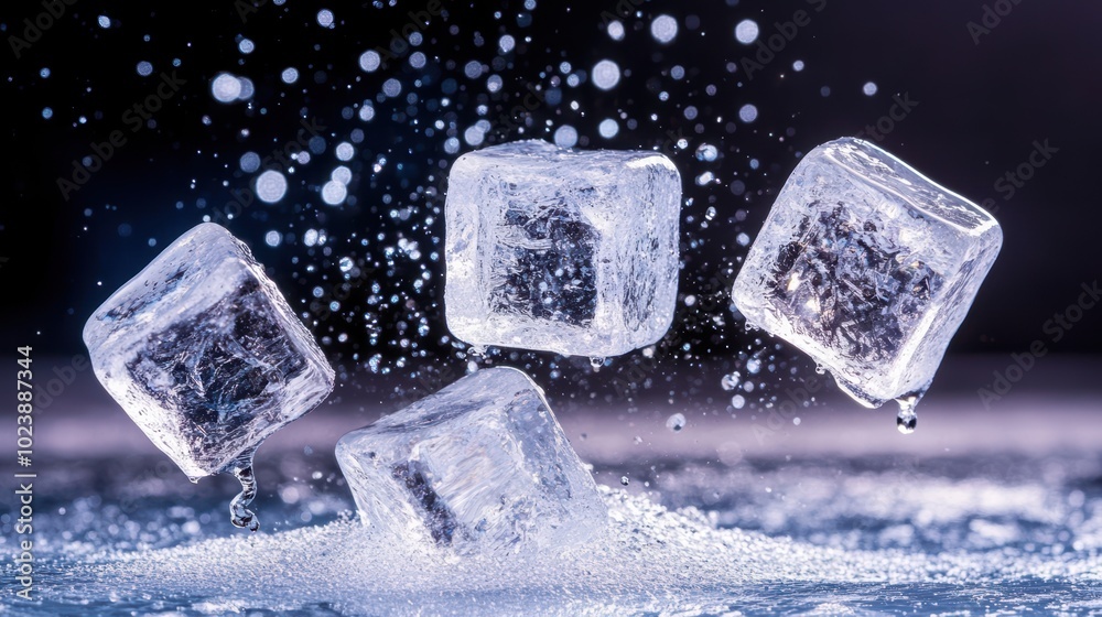 Crystal Clear Ice Cubes in Motion: A mesmerizing close-up of four glistening ice cubes in mid-air, capturing a moment of frozen time as they cascade through water droplets against a dark background. Crystal Clear Ice Cubes in Motion: A mesmerizing close-up of four glistening ice cubes in mid-air, capturing a moment of frozen time as they cascade through water droplets against a dark background.