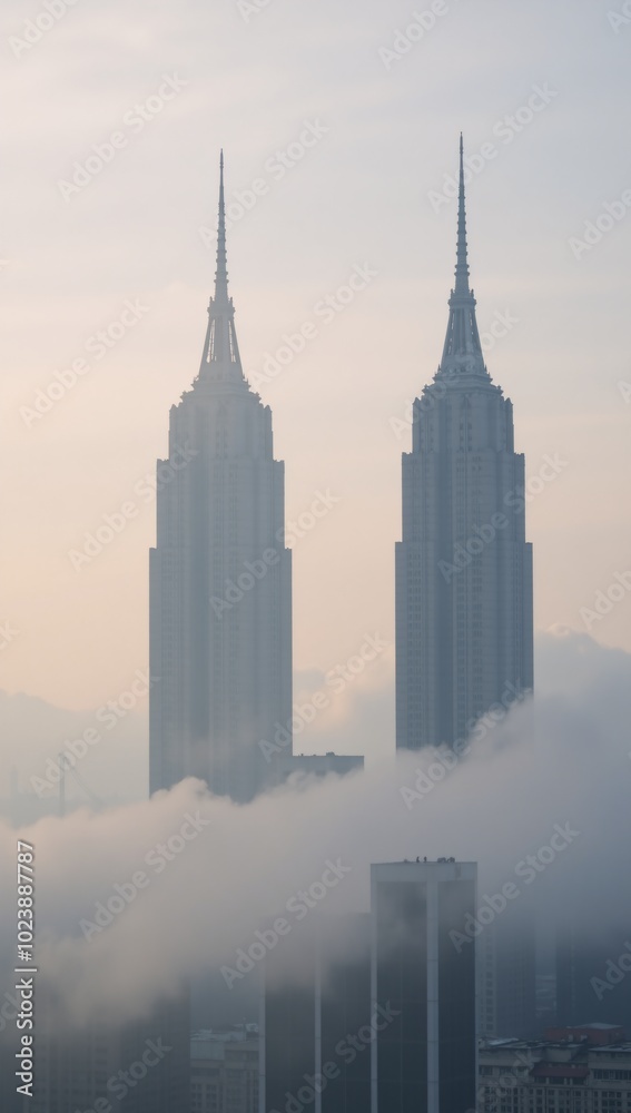 Dreamy morning fog enshrouds a city of towering buildings with delicate soft pastels and contrasts the clean architectural outlines Dreamy morning fog enshrouds a city of towering buildings with delicate soft pastels and contrasts the clean architectural outlines