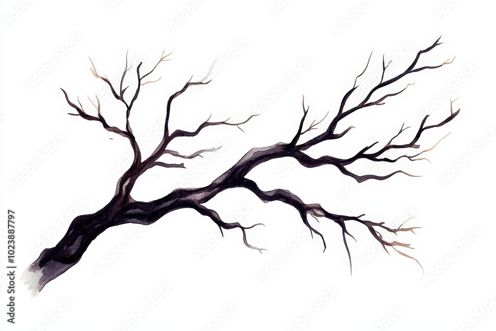 Bare tree branch with intricate twigs, white isolate background. Bare tree branch with intricate twigs, white isolate background.