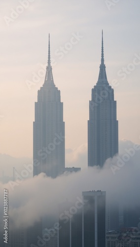 Wallpaper Mural Dreamy morning fog enshrouds a city of towering buildings with delicate soft pastels and contrasts the clean architectural outlines Torontodigital.ca