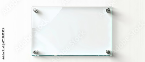 Clear glass plaque with metal fixtures on a white background.