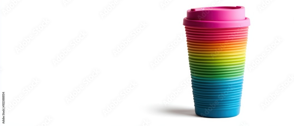 Colorful reusable coffee cup with a rainbow design on a white isolated background. Colorful reusable coffee cup with a rainbow design on a white isolated background.