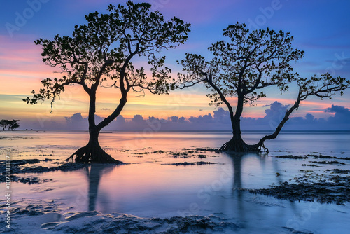 walakiri beach on sumba island with dancing mangrove silhouetted trees in the shallow water at sunset photo