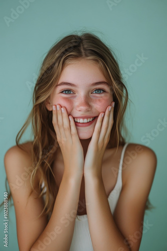 Teenager Caucasian girl with big, thankful eyes, softly placing her hands over her mouth as she smiles with gratitude, set against a pale green background.