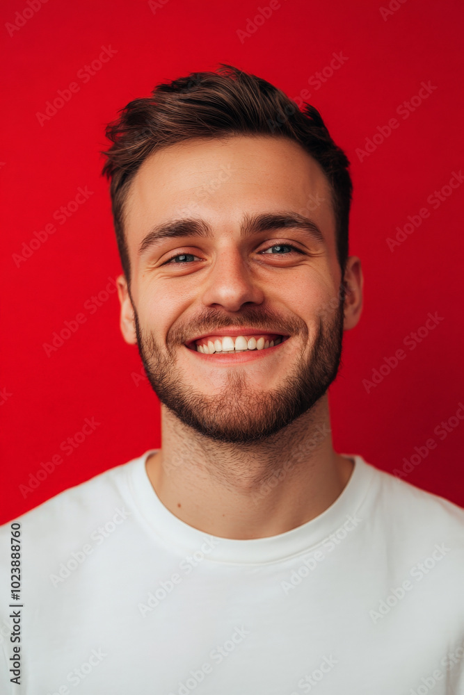 Smiling young adult Caucasian man, with stubble and casual wear, bright red background, capturing joyful energy for a social media avatar. Smiling young adult Caucasian man, with stubble and casual wear, bright red background, capturing joyful energy for a social media avatar.