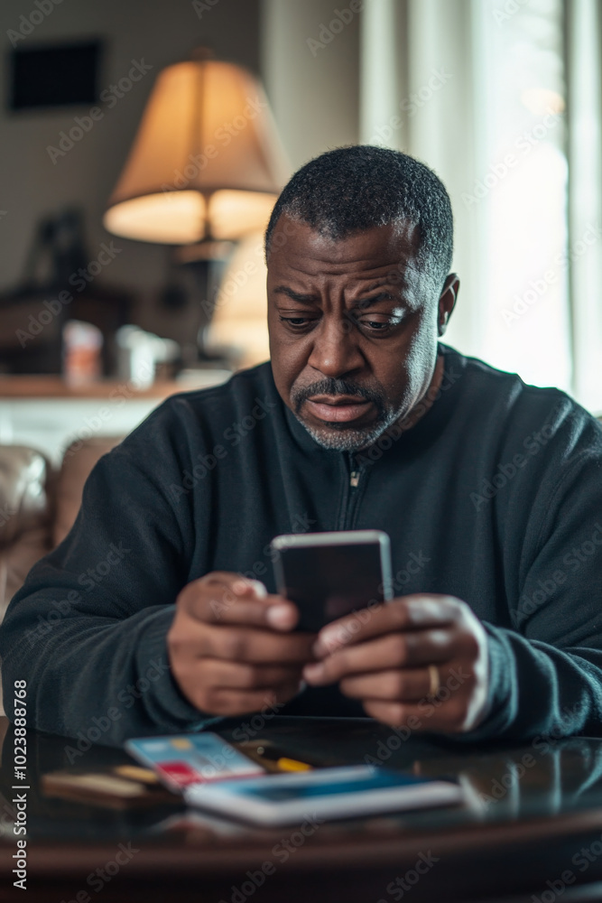 Middle-aged African American man sitting at a coffee table, looking at his phone in disbelief, credit card beside him on the table. Middle-aged African American man sitting at a coffee table, looking at his phone in disbelief, credit card beside him on the table.