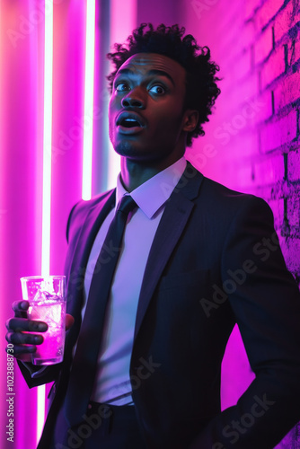 Young adult Black man in a tailored suit, jaw dropped in surprise while holding a drink, neon lights casting dramatic shadows. photo