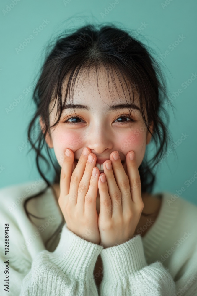 Young adult Japanese woman smiling with watery eyes, her hands softly covering her mouth in a moment of pure gratitude, against a pale green background.