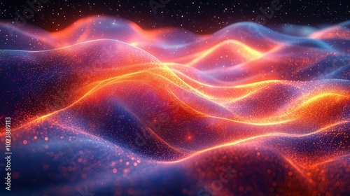 A mesmerizing abstract digital landscape with flowing waves of vibrant colors, creating a surreal atmosphere filled with sparkling particles.