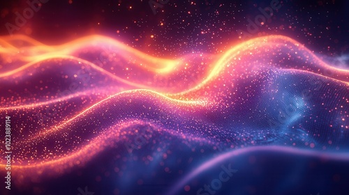 A mesmerizing abstract illustration of colorful light waves in shades of purple, orange, and blue, creating a dreamy and ethereal atmosphere.