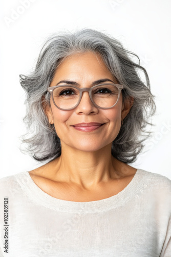 Candid smiling senior Hispanic woman, soft expression with glasses, white background, joyful and elegant for a social media profile.