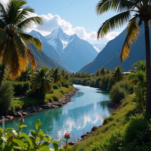 River landscape showcasing mountains and palm trees photo