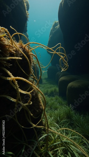 Underwater grasses wave amidst dark river water overgrown with long seaweed and algae photo