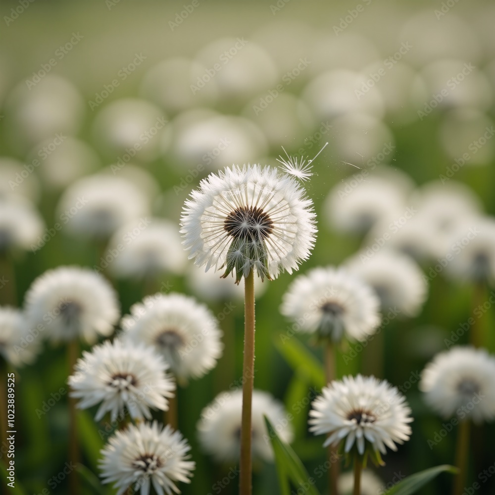 A dandelion field shimmering with polluted light and wispy puffballs amidst the haze A dandelion field shimmering with polluted light and wispy puffballs amidst the haze