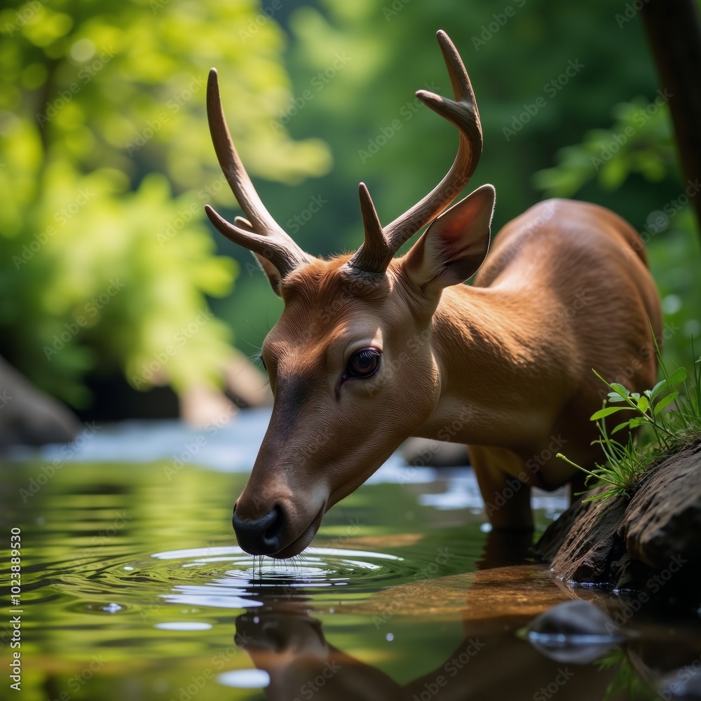 Fototapeta premium A deer sips water from a forest stream