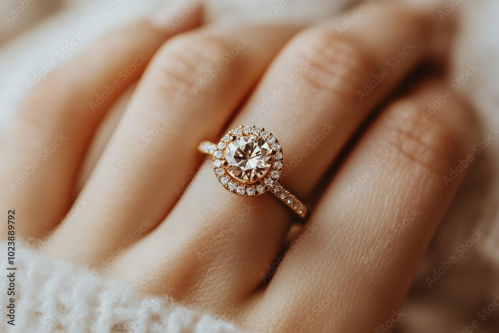 Close-up shot of a young adult Caucasian woman's hand elegantly showcasing a premium gold ring adorned with sparkling diamonds, set against a soft white background. Close-up shot of a young adult Caucasian woman's hand elegantly showcasing a premium gold ring adorned with sparkling diamonds, set against a soft white background.