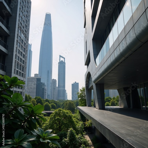 A sleek eco-friendly cityscape blends towering skyscrapers with verdant greenery embodying sustainability in urban design photo