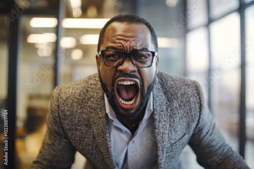 Middle-aged Black man in a high-end office, yelling loudly, face red with frustration, modern decor and glass walls surrounding him.